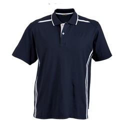 Mens active golf shirt: 180g 65/35 poly cotton single jersey, contrast inner placket, supplied with a loose pocket. The curved yoke shaping that incorporates contrast stripe elements allows for the ultimate classic-sporty look. Also includes a knitted rib collar with contrast tipping, side slits and cover seam hem and sleeves