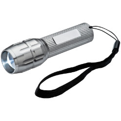 Metal Torch with bright LED technique and holding strap. The head of the Torch is adjustable either focus the strength of the ray on a small rectangular point (very bright) or set on a broad ray (Standard brightness)