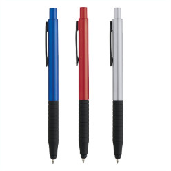 Mettalic plastic ball pen with a touchpad tip and a rubber grip zone