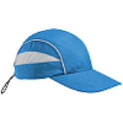 Micro fibre sporty cap with breathable mesh inserts, pre-curved peak, elastic toggle fastener, reflective piping on both sides and micro fiber fabric