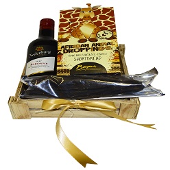 Mini biltong hamper includes small bottle red wine, African droppings, 100g biltong packed in a wooden box