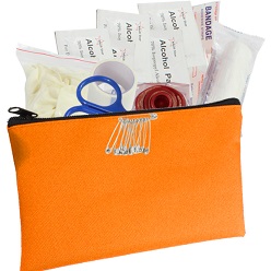 Includes 5 plasters, 6 alcohol wipes, mouth to mouth resusitation device, gloves, scissors, first aid tape, gauze