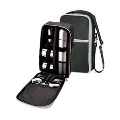 Double-walled flask with 2 stainless steel coffee mugs & coffee cutlery. Packed in a zippered nylon bag with an adjustable shoulder strap