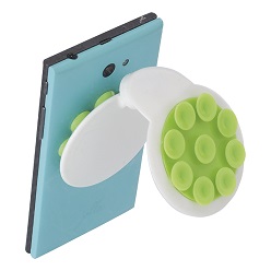 Plastic mobile phone holder, coloured suction cups, top secured on a smooth surface