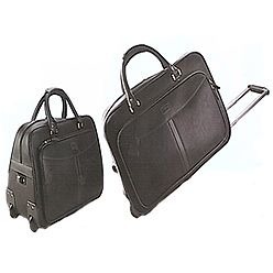 Genuine Leather with front organizer pockets, carry handles, luggage label, fold-away telescopic handles with solid wheels and reinforced piping