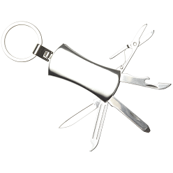 Multi Function Tool Keychain, Split ring, Knife, Nail file / AWL, Can opener, Scissors, Flat head screwdriver/ ruler