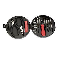 Multi purpose tool kit consisting of wire cutters, bit attachment, pliers, 10 screwdriver bits, 4 sockets, 6 screwdrivers and driver handle all in a handy tire shaped case