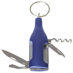 Multi function bottle shaped keychain, features: bottle shaped, aluminium casing, knife, corkscrew, bottle opener, screwdriver, nail file, /awl, split ring