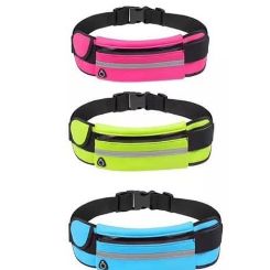 Sports storager belt with velcro pockets, zippered compartment, headphone jack.