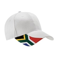 Heavy brushed cotton Cap with 6 panel structure, woven SA Flag detail on peak, embroidered eyelets, pre-curved peak, self fabric velcro strap