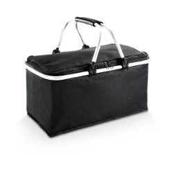 Picnic basket cooler, features include foil lining, two silver handles with compact foam handle protectors, base board with black binding, zip closure. 600D