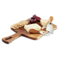 Cheese board made from acacia wood, Cheese cutter and fork made from stainless steel with acacia wood handles