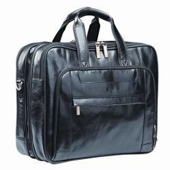 Genuine leather Laptop Bag with carry handles and shoulder strap, padded computer compartment, multiple storage pockets, expanding gusset, fully lined