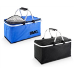 Picnic basket cooler, features include foil lining, two silver handles with compact foam handle protectors, base board with black binding, zip closure, 600D