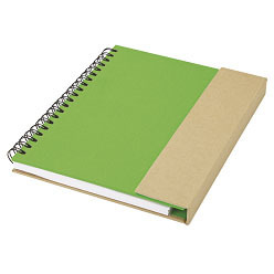 Recycled Notebook with Magnetic Flap includes 80 pages of 30% recycled lined paper, spiral bound and recycled paper ballpoint pen