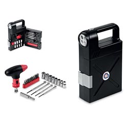 PU case, screwdriver handle: carbon steel & PP, other tools: carbon steel, assorted bits, assorted sockets, extension bar, 4 x precision screwdrivers, screwdriver handle, torch with LED light, 4 x AA batteries (not included)