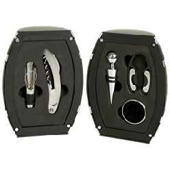 Oak Barrel shaped case with 5 Piece Wine Set made of stainless steel and black ABS consisting of bottle stopper/pourer, corkscrew/ bottle opener/ foil cutter, bottle stopper, drip ring and foil cutter