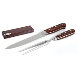 Pakka wood & 2CR14 stainless steel, knife, fork, rubber wood presentation box, includes stainless steel branding plaque