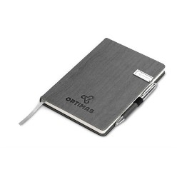 A5 USB notebook thermo PU, Chrome-plated zinc alloy memory stick, Ball pen barrel brass with polished chrome plating, with black German ink, Clip polished chrome