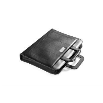 simulated leather, includes removable 2-ring binder, includes metal branding plaque, pocket, business card holder, business card / ID holder, pen loop, zippered pocket, writing pad included, zippered closure