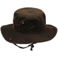 Oil skin bush hat with vented metal eyelets, sides can be clipped up with press studs, chin and neck straps