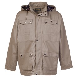 Okavango Jacket: Africa-inspiration for this jacket, with enzyme wash outer fabric and checked lining. Garment features elbow patches, a detachable hood, cuffs with adjustable studs, two chest pockets, storm flap and two bellow pockets with flaps. Available in three colourways. 100% Cotton twill fabric, Hood with draw cord & toggle