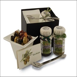 Olive gift pack with porcelain pottery bowl, stainless steel olive spoon, oliver recipes, one jar of olives in black presentation box