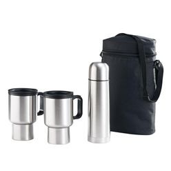 2 Thermo mugs with stainless steel outer & pp inner, & a double walled flask in a black, zippered carry bag