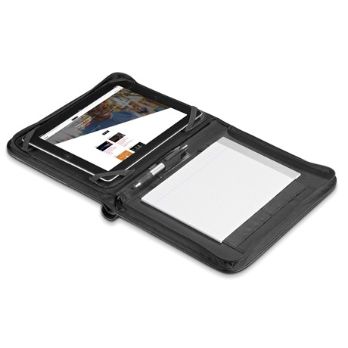 Elegant multi-function folder with groovy design. Features Zippered closure, lined writing pad, interior pen loop and business card holder, black metal branding plaque , fits iPad 2, 3 & 4 or 10 inch tablet. Rotate back panel and turn into tablet stand ? koskin