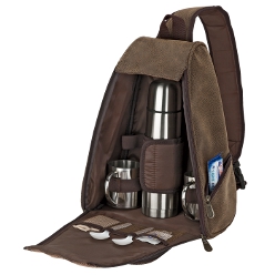 Out of Africa Sling Bag Coffee Set: Carry handle, main zippered compartment, rugged exterior, 500ml steel flask, 2x200ml steel cups, interior mesh pockets, front zippered pocket, 2 sided zippered pockets, padded adjustable shoulder sling strap
