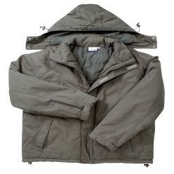 100% Cotton Jaquard Twill, Concealed zip pockets, detachable hood, shock cord and stoppers, adjustable Velcro cuffs