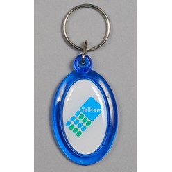 A Oval domed key ring that is available in various colours that can be customised with Dome sticker/sticker with your logo and other methods.