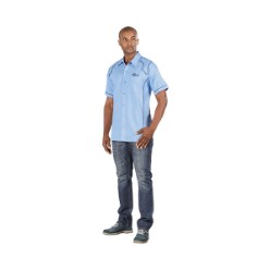 Its design features include contrast piping detail, left chest pocket, back yoke. Relaxed fit. 100% cotton.