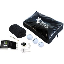 Includes 4 tees, 3 golf balls, sunscreen, 1 fork, 3 markers, pencil and towel in pouch with transparent window