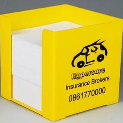 A Paper cube that is available in various colours that can be customised with Pad printing with your logo and other methods.