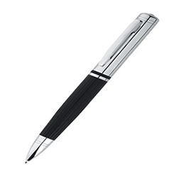 Twist action Ballpen with chrome cap clip and trim, has a lined barrel texture