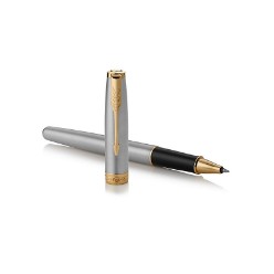 Steel Gold Trim - Rollerball Pen -Fine Nib - Black Ink