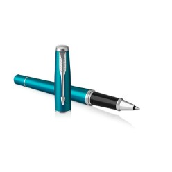 V / Blue Chrome Trim - Rollerball Pen - Fine Nib - Black Ink