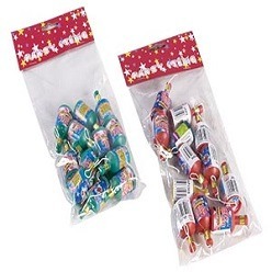 A pack of holders containing Christmas confetti with a pull string.