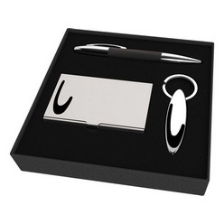 Matching set consisting of a card holder, metal pen and key holder