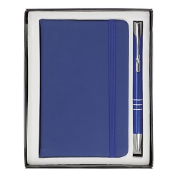 A6 PU covered notebook, 100 lined pages, bookmark ribbon elastic band closure, Aluminium plunge action ballpoint pen, blue ink, supplied in a black gift box