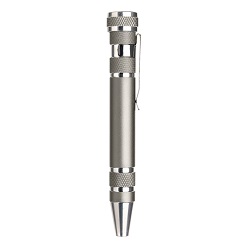 Steel pen shaped screwdriver, 4 flat head screwdriver, 4 Philips head screwdriver bits, aluminium accents and clip
