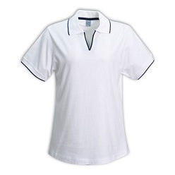 170g Combed 100% cotton Golfshirts, Contrast trim on collar and cuffs, sides slits for comfort, cross over neckline with flat piping detail