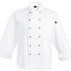 Pescara Chef Jacket: Mid-level chef jacket with cross over chest design, jacket is supplied with both and white pop-in buttons. Other features include thermometer pocket on the sleeve. French cuffs and double top-stitching on the shoulder seams and armholes. 225g 65/35 Poly cotton fabric, Available in long sleeves, Welted chest pocket with bar-tracks