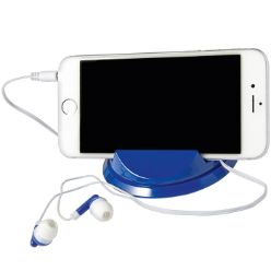 Plastic mobile phone holder, pair of earphones