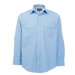 Pilot shirt: the garment is completed with epaulettes and two chest pockets, with a flap and pen slot in the left pocket. It has double back yoke with box pleat, constructed button stand and curved hemline.