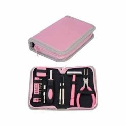 Pink 8 piece Ladies Tool Kit in zip up case, includes pliers, hammer, screwdrivers and tape measure