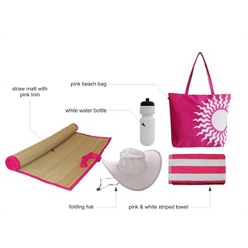 Pink beach bag set, straw matt with pink trim, folding hat, white water bottle, towel, pink beach bag