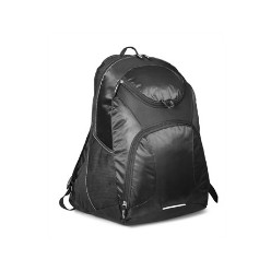 Stylish. Main zippered compartment . Holds most 15.6 inch laptops. Zippered top media pocket with earbud outlet . Zippered bottom pocket. Side mesh open pockets . Adjustable, padded shoulder straps . Padded back panel for extra comfort. Top grab handle. Available in 2 colours. 420D dobby polyester