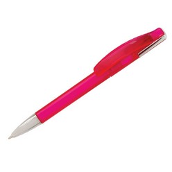 Transparent plastic twist action pen with chrome trim. Superior jumbo Refill 2500 writing distance.
